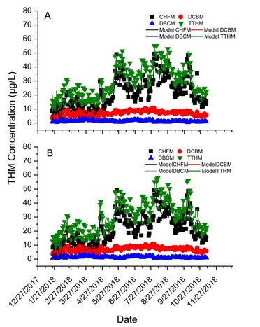 Comparison of the model and actual periodic measurements of THM species in finished water (A) and raw water (B).